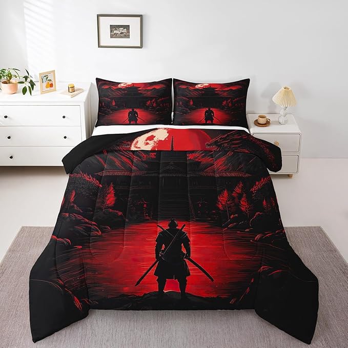 Feelyou Dragon Comforter Set King Size Japanese Style Comforter for Boys Girls Teens Samurai Bedding Set Sunset Duvet Set Room Decor Red Black Quilt Set