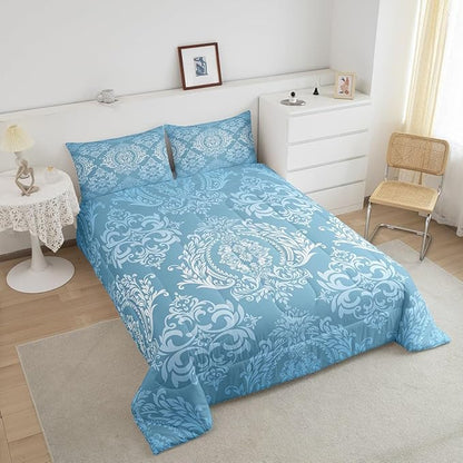 Feelyou Adults Blue Vintage Damask Floral Comforter Set Oriental Antique Comforter Queen Size Gothic Bohemia Boho Floral Bedding Set Bohemian Exotic Duvet Set Quilt Set 3Pcs