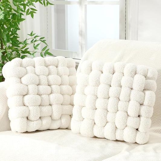 Wenqik 2 Pcs Knot Pillows Square Knotted Plush Throws Soft Accent Pillows Decoration Cushion for Couch Home Office Living Room Bedroom Bed Sofa Decor, 12'' x 13''(Cream White,Lambswool)