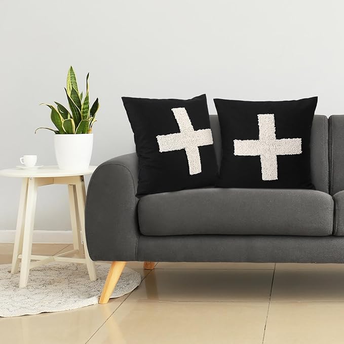 Suzile 2 Pcs Black Pillows with Swiss Cross Throw Pillows Plus Crosses Decorative Cushion for Couch Home Office Decor, 18 x 18 Inches