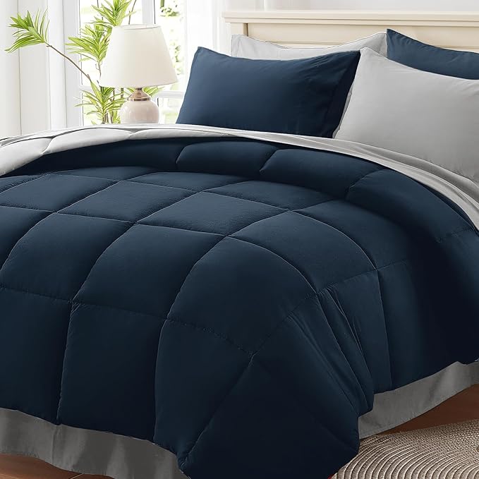 Anluoer Full Size Bed in a Bag 7 Pieces, Navy and Grey Bed Comforter Set with Sheets, All Season Bedding Sets with 1 Comforter,2 Pillow Shams,2 Pillowcases, 1 Flat Sheet,1 Fitted Sheet