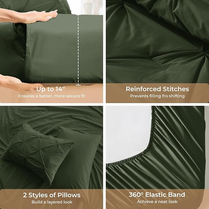 Sasttie Full Size Comforter Set, 7-Piece Bed in a Bag Double, Pintuck Bedding Set for All Season, Includes Comforter, Flat Sheet, Fitted Sheet, Pillowcases and Pillowshams, Dark Green