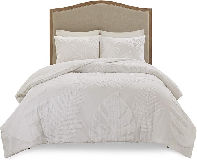 Madison Park Tufted Chenille Cotton Comforter, All Season Bedding Set, Matching Shams, Bahari, Coastal Palm Leaf Off White King/Cal King(104"x92") 3 Piece