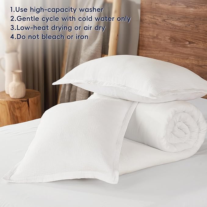 PHF Cotton Muslin Comforter Set King Size, Ultra Soft, Breathable & Lightweight All-Season Bedding, Filling: 100% Polyester, 3 Pieces with 1 Comforter 104"x90" and 2 Pillow Shams 20"x36", White