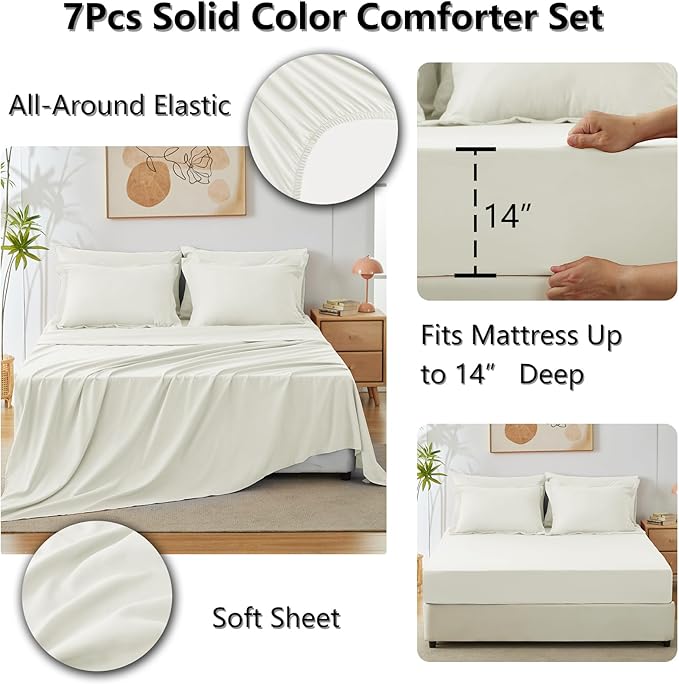 CozyLux Queen Comforter Set Ivory, 7 Pieces Bed in a Bag Queen Size Comforter Set with Sheets, Bedding Sets with Down Alternative Comforter, Fitted Sheets, Flat Sheets, Pillow Shams and Pillowcases