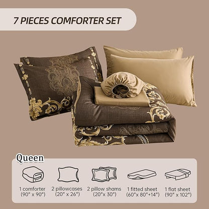 Mybedsoul Coffee Queen Comforter Set, 7 Pieces Boho Bed in a Bag for Queen Bed, Damask Comforter with Sheets Pillowcases, Soft Microfiber Lightweight Bedding Sets for All Season(90"x90")
