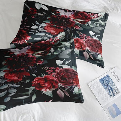 Comforter Set Queen Size, Floral Green Leaves 7 Pcs Bedding for Kids and Adults, Burgundy Maroon Pink Bed Sheet Sets with Fitted Sheet 2 Pillowcases & 2 Shams for Bedroom Bed Decor
