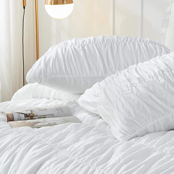 Bonlino King Size Fluffy 3 Piece Ruffle Comforter Set with Pillow in White - Soft and Luxury Boho Shabby Chic Bedroom Comforter