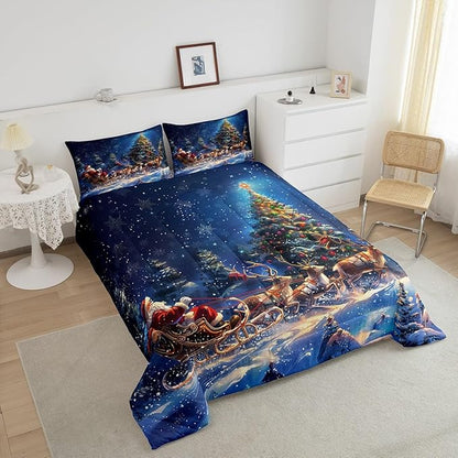 Santa Clause Elk Sleigh Comforter Set Full Size,Christmas Tree Bedding Set for Kids Girls Boys Teens Room Decor,Winter Snow Night Quilt Set Vintage Art Painting Duvet Insert,2 Pillowcases