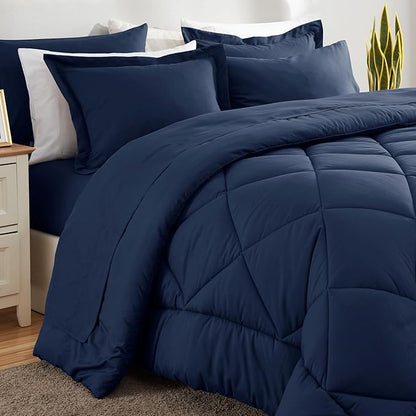 CozyLux Full Size Comforter Sets Navy Blue - 7 Pieces Bed in a Bag Full, Luxury Soft Bed Set for All Seasons, Bedding Set with Down Alternative Comforter, Sheets, Pillowcases & Shams
