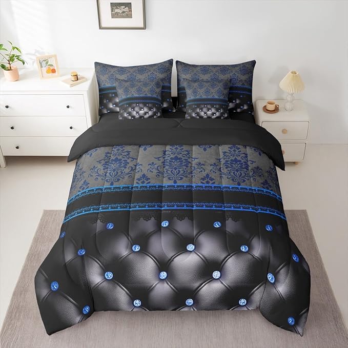 Blue Damask 7-Piece Comforter Set Full Bed in a Bag | Luxury Black Diamond Texture Pattern Bohemian Bedding Sets Antique Decor Gothic Vintage Floral Comforter and Sheet Set, Boho Baroque Room Decor