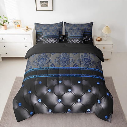 Blue Damask 7-Piece Comforter Set Full Bed in a Bag | Luxury Black Diamond Texture Pattern Bohemian Bedding Sets Antique Decor Gothic Vintage Floral Comforter and Sheet Set, Boho Baroque Room Decor