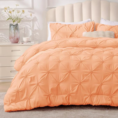 BEDELITE Apricot Queen Comforter Set - 3 Pieces Boho Pintuck Bedding Comforter Sets, Lightweight Soft & Warm Bed Comforter Queen with 2 Pillowcases for All Season