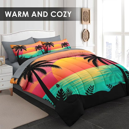 Comforter Set Queen Size, Beach Sunset Palm Tree 7 Pcs Bedding for Kids and Adults, Red Retro Tropical Bed Sheet Sets with Fitted Sheet 2 Pillowcases & 2 Shams for Bedroom Bed Decor