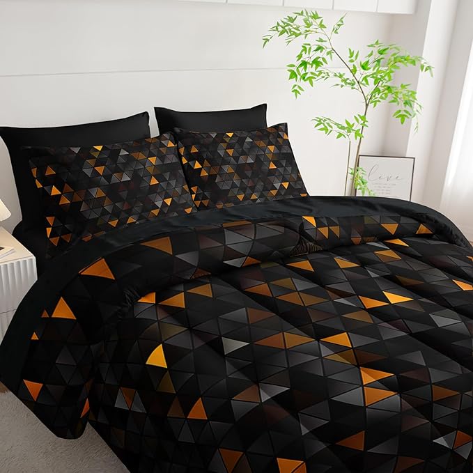 Geometric Yellow Black Triangle Full Size Comforter Set,Light Honeycomb Bedding Set 7 Piece in A Bag,Bed Sheet Set Geometry Decor,Microfiber Lightweight All Season