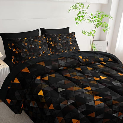 Geometric Yellow Black Triangle Full Size Comforter Set,Light Honeycomb Bedding Set 7 Piece in A Bag,Bed Sheet Set Geometry Decor,Microfiber Lightweight All Season