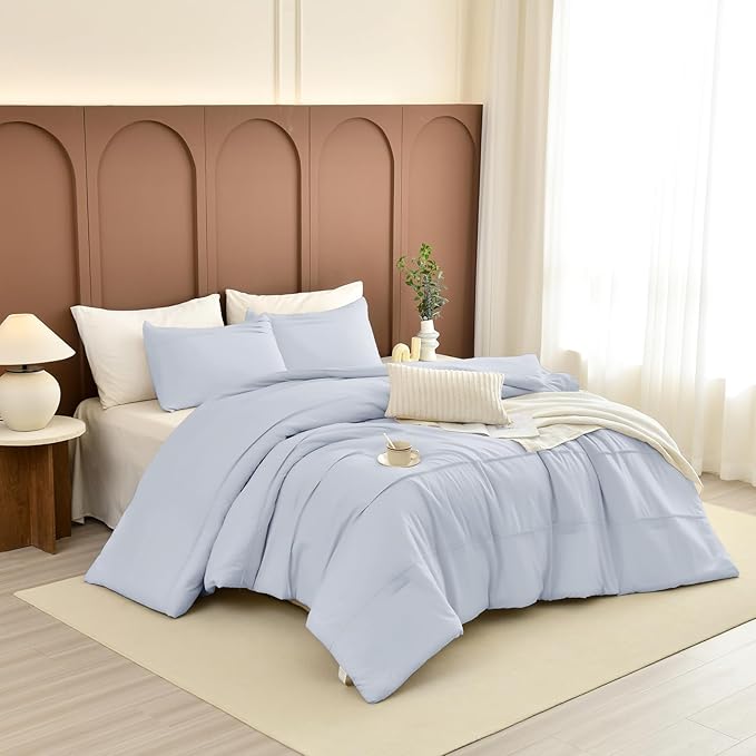 Sanracie Cotton King Comforter Set(106"x 95"),3Pcs Soft Lightweight Pinch Pleated Bedding Set,Cornflower Blue Colored Shabby Boho Chic Aesthetic Bedroom Sets