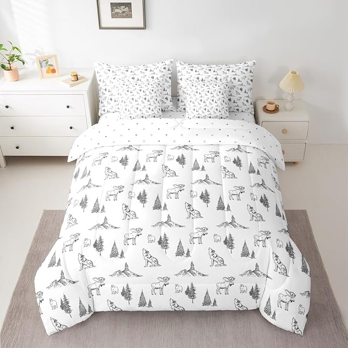 Erosebridal Woodland Animals 7 Piece Comforter Set Full Size Bear Deer Wolf Hunting Theme Bedding Set for Kids Child | Rustic Cabin Lodge Decor Sheets Farmhouse Wildlife Mountain Black White Quilt