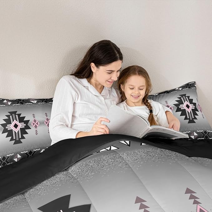 Erosebridal Pink Western Comforter Set Toddler Size, Southwestern Aztec Bedding Set for Boys Teens Men Bedroom, Exotic American Native Bedding Comforter Sets Vintage Bohemian Geometric Quilt, Grey