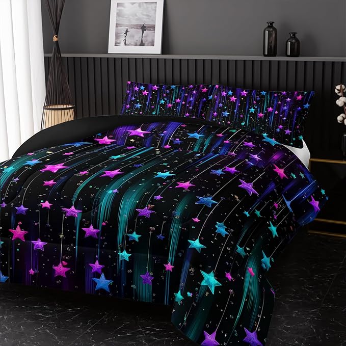 Colorful Stars Comforter Set Full Size,Galaxy Starry Printed Bedding Set for Men Women Adults,Colorful Stars Room Decor with Soft and Lightweight Comforter and 2 Pillowcases