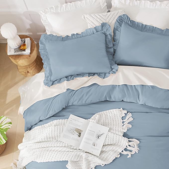 Andency Oversized King Comforter Set 128x120, 3 Pieces Grayish Blue Ruffle Shabby Chic Famhouse Bedding Set for Women, Lightweight Fluffy Super King Plus Bed Set for Girls