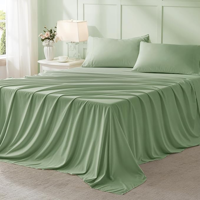 Anluoer Sage Green California King Comforter Set 7 Pieces, Bed in a Bag with Sheets, All Season Bedding Sets with 1 Comforter, 2 Pillow Shams, 2 Pillowcases, 1 Flat Sheet, 1 Fitted Sheet