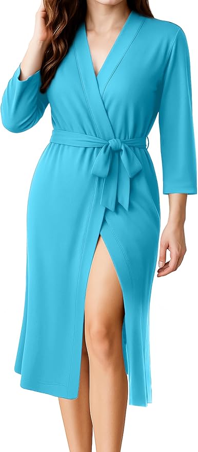 NY Threads Women's Robe Long Knit Bathrobe 3/4 Sleeves Soft Kimono Lightweight Loungewear