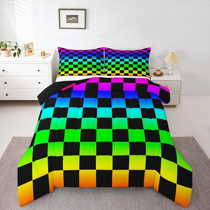 Feelyou Multicolored Checkered Retro Kids Comforter Set Queen Size Geometric Vintage Bedding Set Colorful Duvet Quilt for Kids Boys Girls Bedroom Modern Groovy Aesthetic Decor