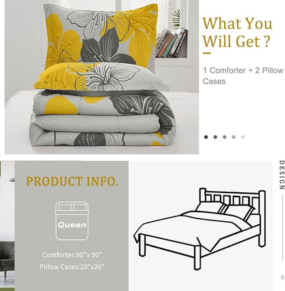 Menghomeus Floral Comforter Set Queen Yellow Floral Pattern Printed on Grey Soft Microfiber Bedding Set Lightweight Bed Set for All Season, 3 Piece (1 Comforter, 2 Pillowcases)