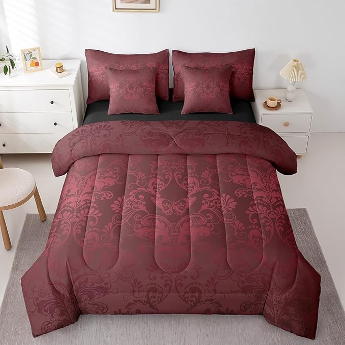 Erosebridal Gothic Damask Comforter Set 7 Piece Bed in a Bag Twin,Butterfly Skull Bedding Sets Red Victorian Floral Goth Sheet Set with Comforter