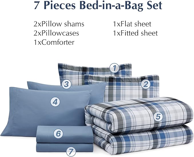 MaiRêve Queen Size Plaid Comforter Set Lake Blue, Classic 7 Pieces Farmhouse Bedding Set, All Season Lightweight Bed in A Bag with Sheets, Pillowcases & Shams