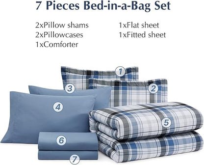 MaiRêve Queen Size Plaid Comforter Set Lake Blue, Classic 7 Pieces Farmhouse Bedding Set, All Season Lightweight Bed in A Bag with Sheets, Pillowcases & Shams