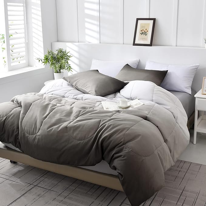 Grey Comforter Set Queen Size 7 Pieces Ombre Effects Gradient Black and Grey Bedding Bed in a Bag - All Season Lightweight Microfiber Bedding Sets with Comforter for Women Men Teens (90" x90")