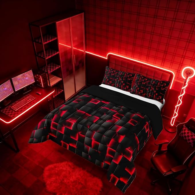 Erosebridal Boys Red and Black Comforter Set Twin Geometric Checkered Kids Bedding Set Teen Men Gaming Room Decor,Abstract Ombre Plaid Comforter Grids Quilt Duvet
