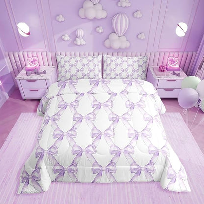 Erosebridal Bow Bedding Comforter Sets Dreamy Princess Style Bowknot Bedding Set Purple Watercolor Bow Tie Comforter Set Full Size for Kids Boys Girls Room Decor,Geometric Ribbon Bowknot Quilt Duvet
