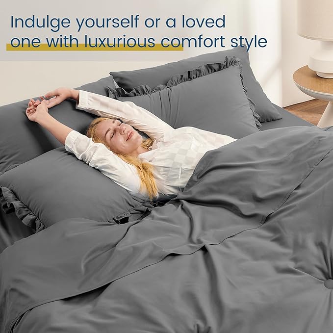 QUIETSEA Twin Bed in a Bag 5 Pieces Comforter Set Twin, Ruffle Shabby Chic Bedding Comforter Set Dark Grey Bed Set with Comforter, Pillowcase, Flat Sheet, Fitted Sheet and Pillow Sham