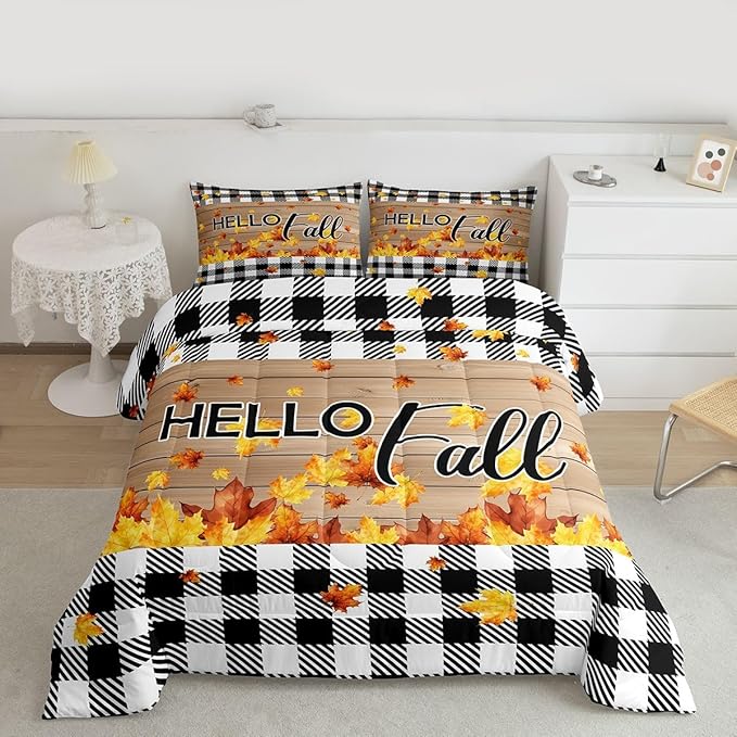Fall Thanksgiving Bedding Set Twin Autumn Harvest Seasonal Comforter Set Gifts For Kids Teen Adults,Black White Buffalo Plaid Checkered Comforter Rustic Farmhouse Quilt Bedding Brown 1 Pillow Case