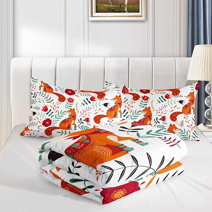 Cartoon Fox Comforter Set 3-Pieces Cute Fox Bedding Set Plants Leaves Printed Quilt Set for Kids Boys Girls with 2 Pillowcases Queen