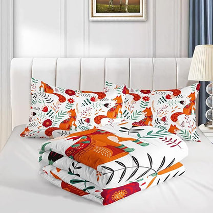Cartoon Fox Comforter Set 3-Pieces Cute Fox Bedding Set Plants Leaves Printed Quilt Set for Kids Boys Girls with 2 Pillowcases Twin