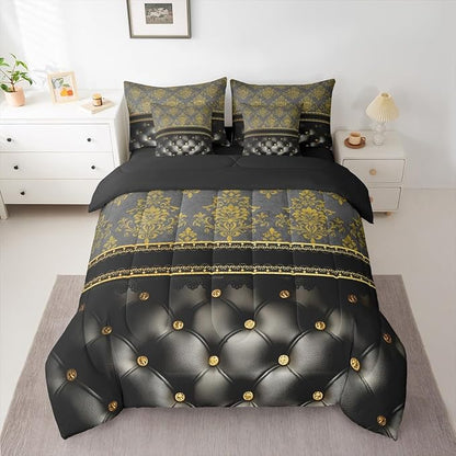 Golden Damask 7 Piece Comforter Set Full Bed in a Bag | Luxury Black Diamond Texture Pattern Bohemian Bedding Sets Victorian Decor Gothic Vintage Floral Comforter and Sheet Set, Baroque Goth Bed Sets