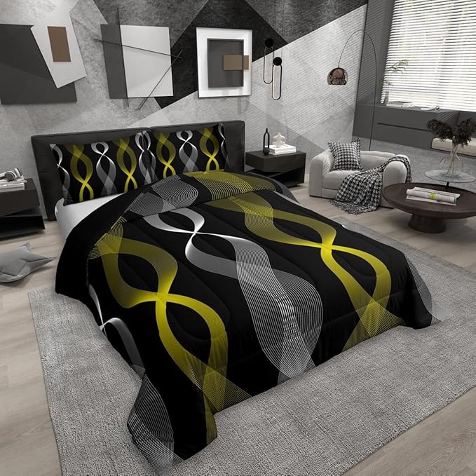 Erosebridal Black and Yellow Striped King Bedding Set, Modern Boho Abstract Stripes Comforter Set for Women Men Bedroom, Contemporary Geometric Wavy Lines Comforter, Gradient Aesthetic Stripe Quilt