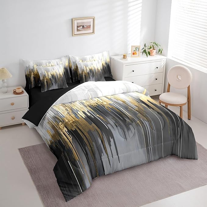 Black Grey Bed in a Bag 7-Piece Greyish White Painting Bedding Set, Gradient Abstract Chic Vintage Queen Size Comforter Set Ombre Graffiti Bedding Comforter Sets, Contemporary Modern Bed Set