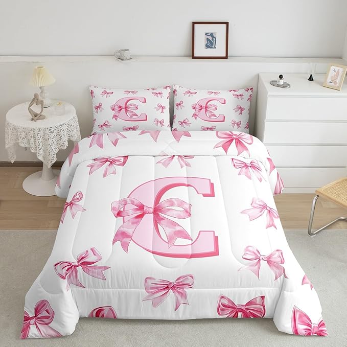 Erosebridal Initial Letter C Bedding Comforter Sets Pink Monogrammed Bowknot Comforter Set Twin,Dreamy Princess Bow Bedding Set for Kids Girls Teen Women,Kawaii Girly Bowknot Bed Set,1 Pillow Case