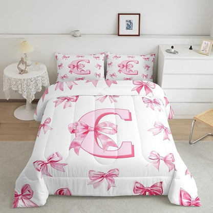 Erosebridal Initial Letter C Bedding Comforter Sets Pink Monogrammed Bowknot Comforter Set Toddler,Dreamy Princess Bow Bedding Set for Kids Girls Teen Women,Kawaii Girly Bowknot Bed Set,1 Pillow Case