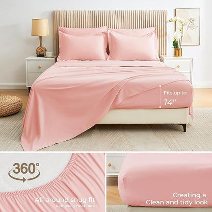 Sasttie King Size Comforter Set, 7 Pieces Bed in a Bag King, Complete Bedding Set Includes Comforter, Flat Sheet, Fitted Sheet, Pillowcases and Pillow Shams, Pink