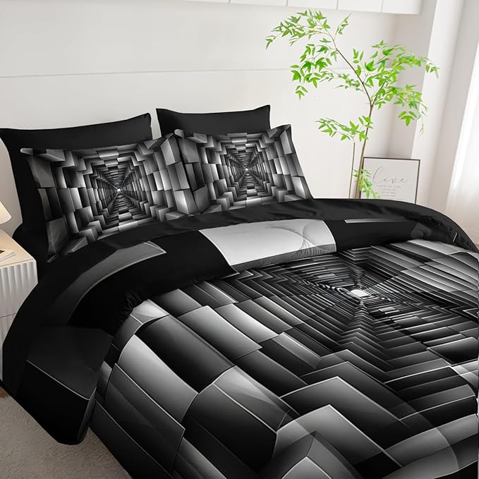 7 Piece Black and White Checkered Comforter Set King，Geometric Bedding Set Boys，Geometric Bedroom Decor，(1 Comforter, 1 Flat Sheet, 1 Fitted Sheet, 2 Pillowcase and 2 Pillow Sham)