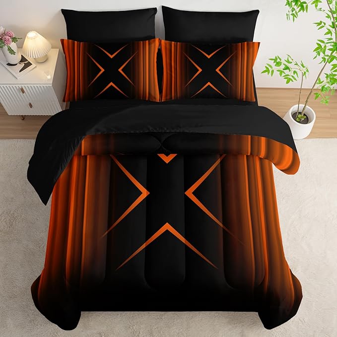 Black and Yellow Geometric Comforter Set Twin Size 7Pieces,3D Abstract Mordern Printed Bedding Set for Adults,Geometric Mordern Decor All Seasons with Pillowcases,Flat, Fitted Sheet
