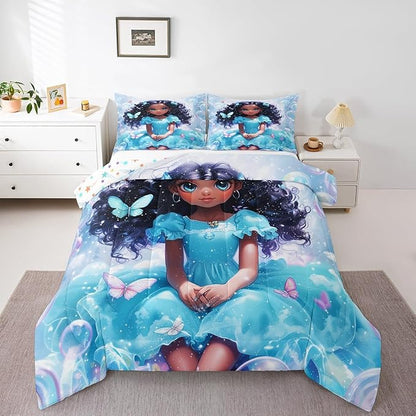 Pretty Girl Bedding Sets Full Size,Dreamy Fairy Princess Style Cute Reversible Comforter Set Breathable Polyester Quilt Set,Butterfly African Style Blue Black Duvet Insert,2 Pillowcases