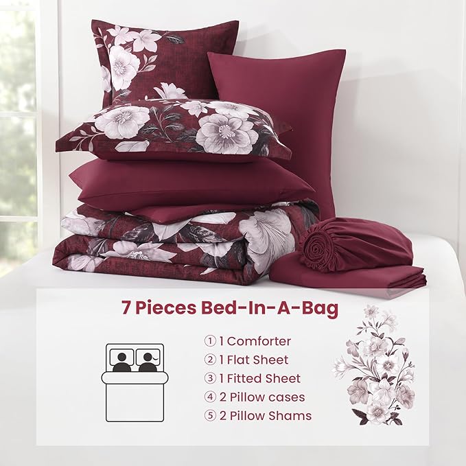 Floral King Size Comforter Set, 7 Pieces Burgundy Bed in a Bag, Elegant Floral Butterfly Comforter and Sheet Set, Soft Microfiber Bedding Sets for All Seasons(Burgundy,104"x90")