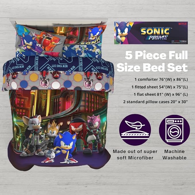 Sonic The Hedgehog Prime Anime Kids Bedding Super Soft Comforter and Sheet Set, 5 Piece Full Size, (Officially Licensed Product) by Franco